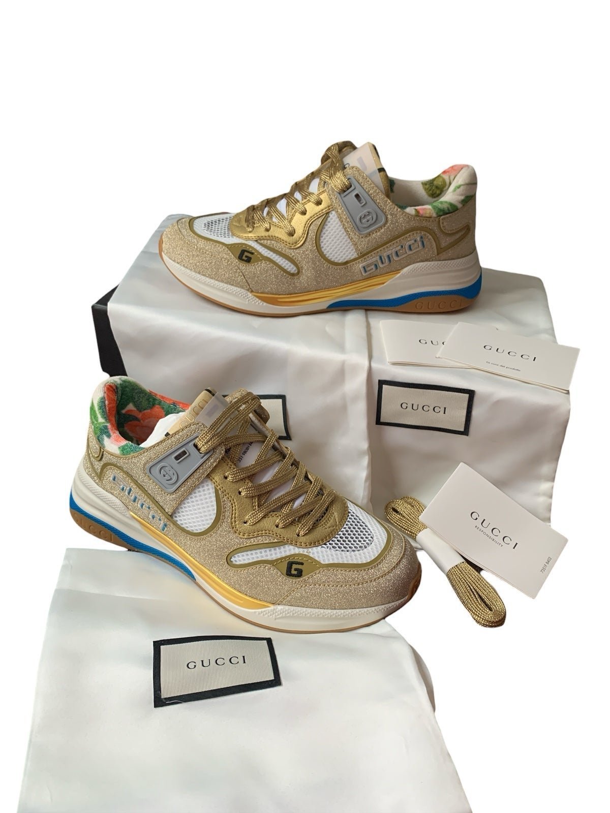 NWT Gucci Ultrapace Gold Metallic Floral Sneakers