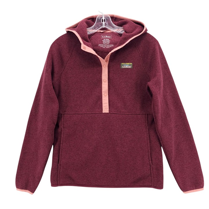 LL BEAN Sweater Fleece Pullover Hooded Knit Burgundy Heather 1/4 Snap Size XS