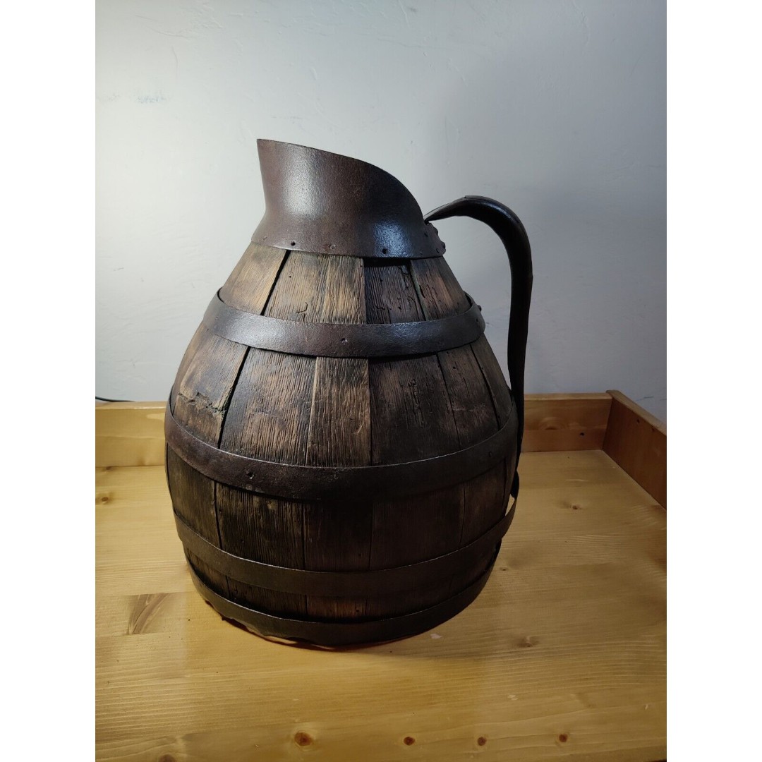 Gonnet France Signed Large Old Wooden Wine Jug Metal Clad & Handle 12” Dia x 16”
