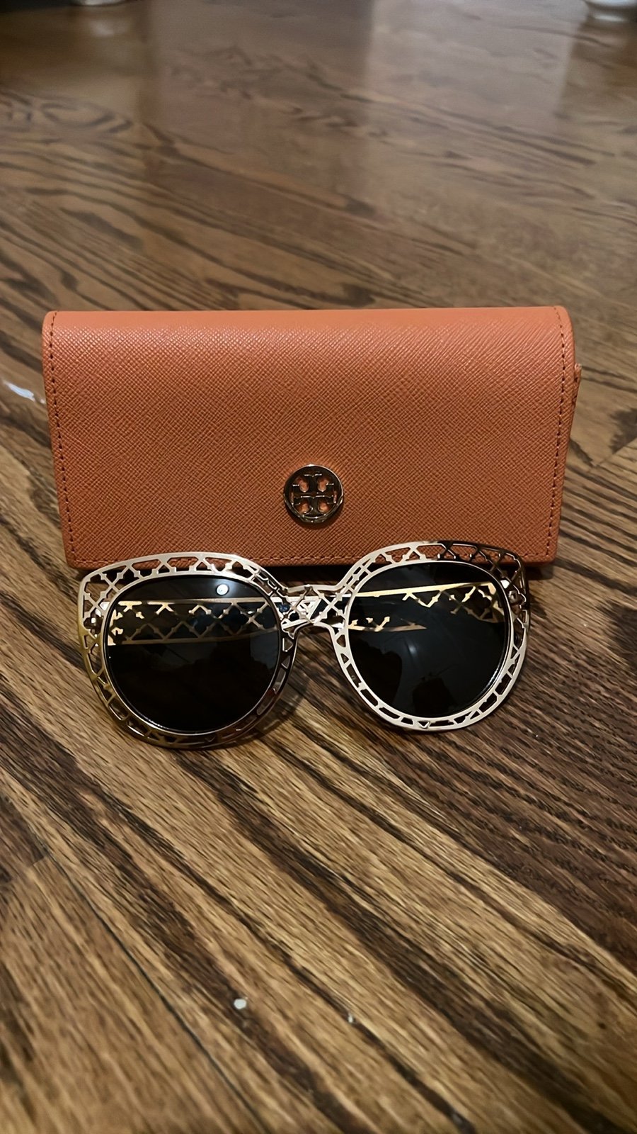 Tory Burch Gold Lattice Laser Cut Sunglasses With Orange Case