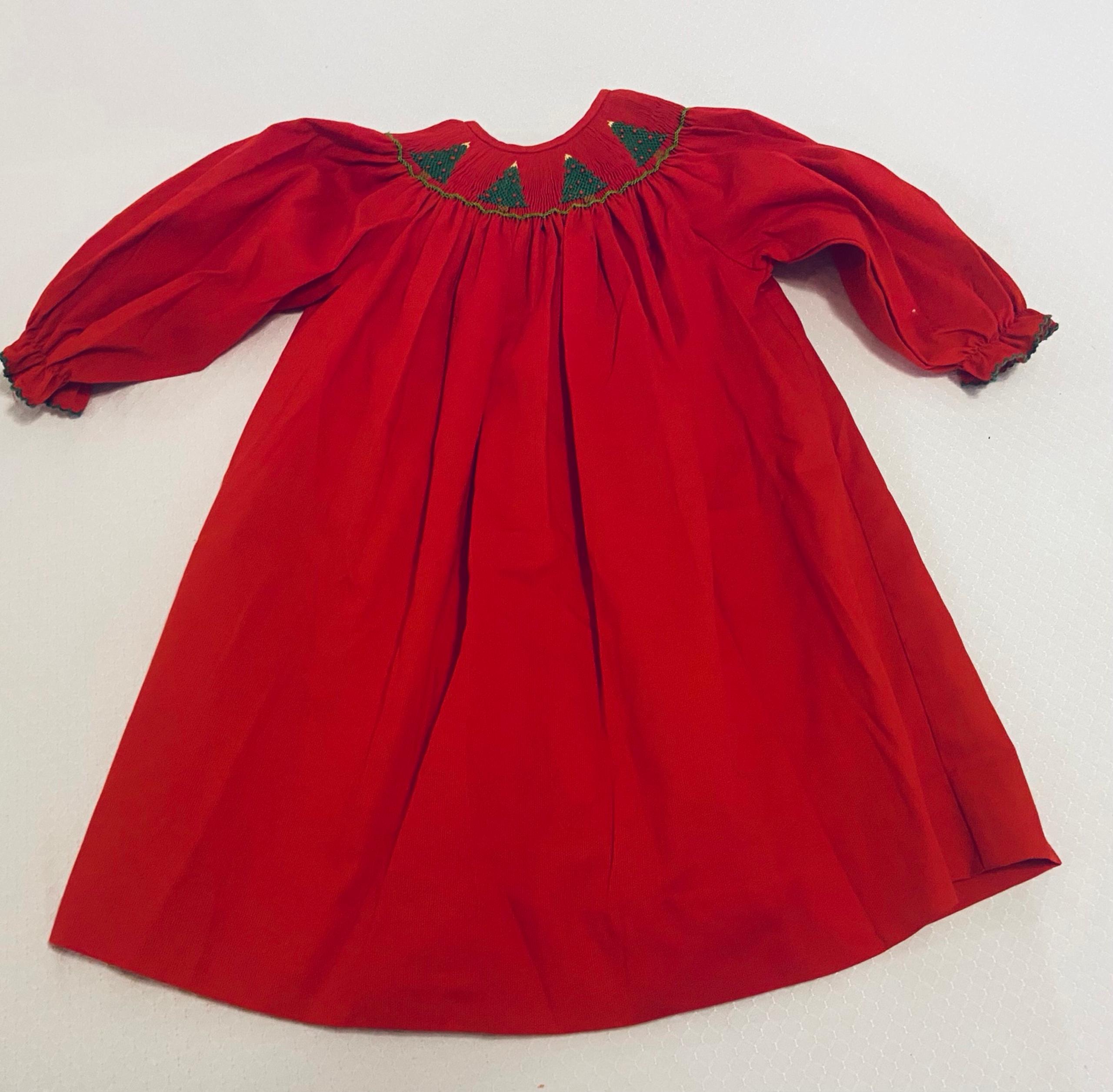 Smocked Christmas Trees Corduroy Red Dress, 2T.
