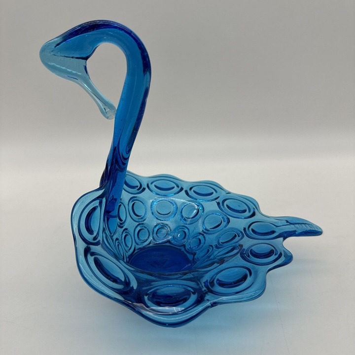 Vintage Kanawha Art Glass Blue Bullseye Swan Trinket Candy Dish