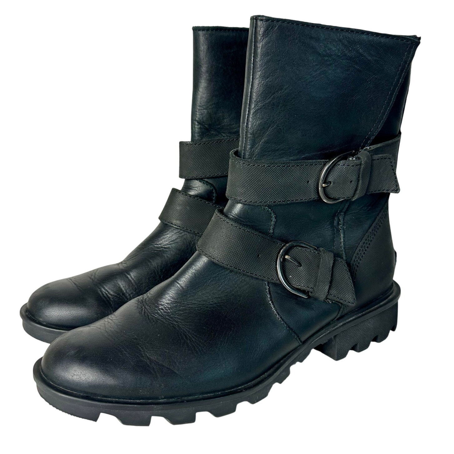 Sorel Black Boots Phoenix Moto Engineer Leather Waterproof Buckle LL3265 8.5