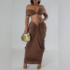 V-neck Ruched Top And V-shape Cut Waist Maxi Skirt Set