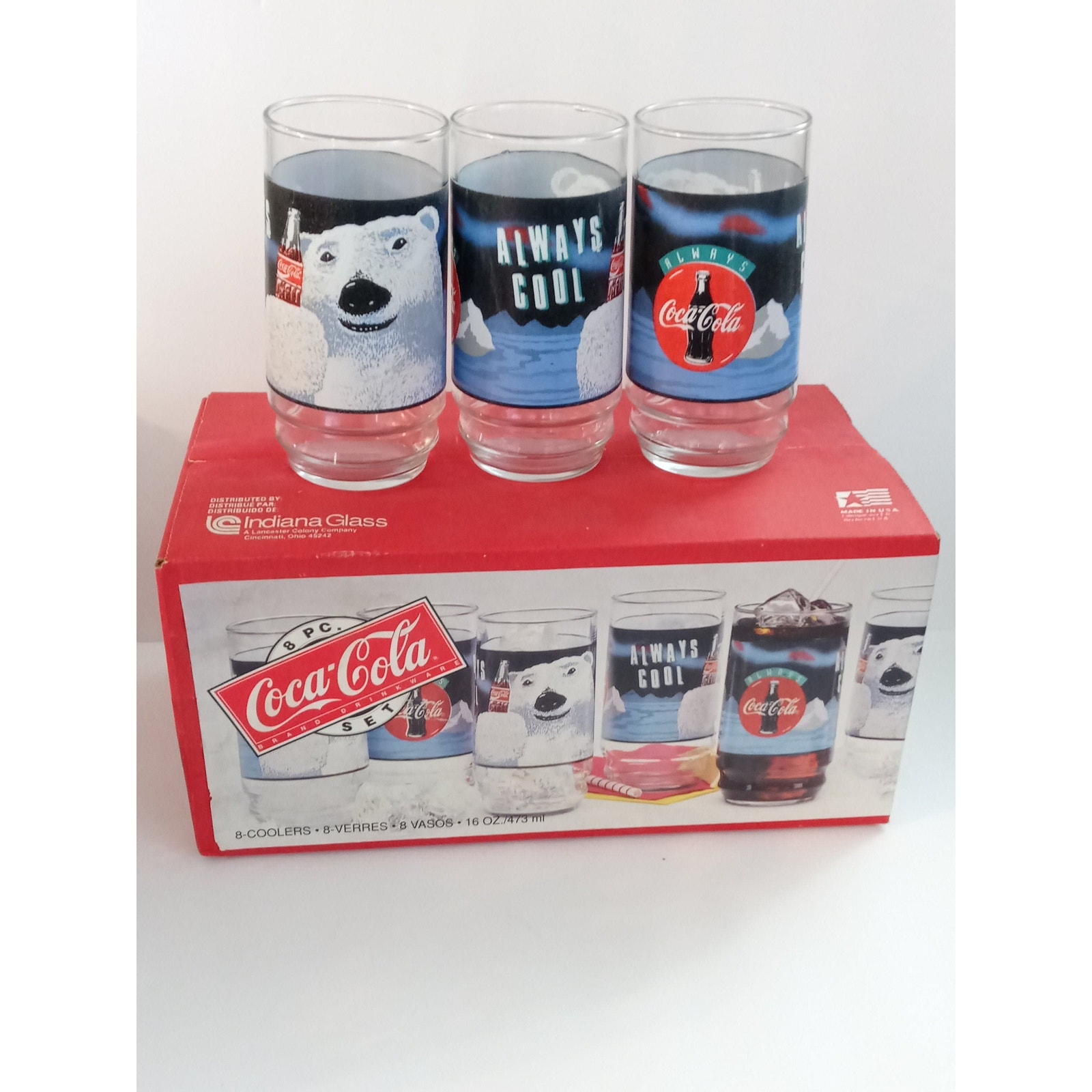 Vintage Coca Cola Polar Bears Indiana Glass Set of 8 Tumblers 16oz (hs)