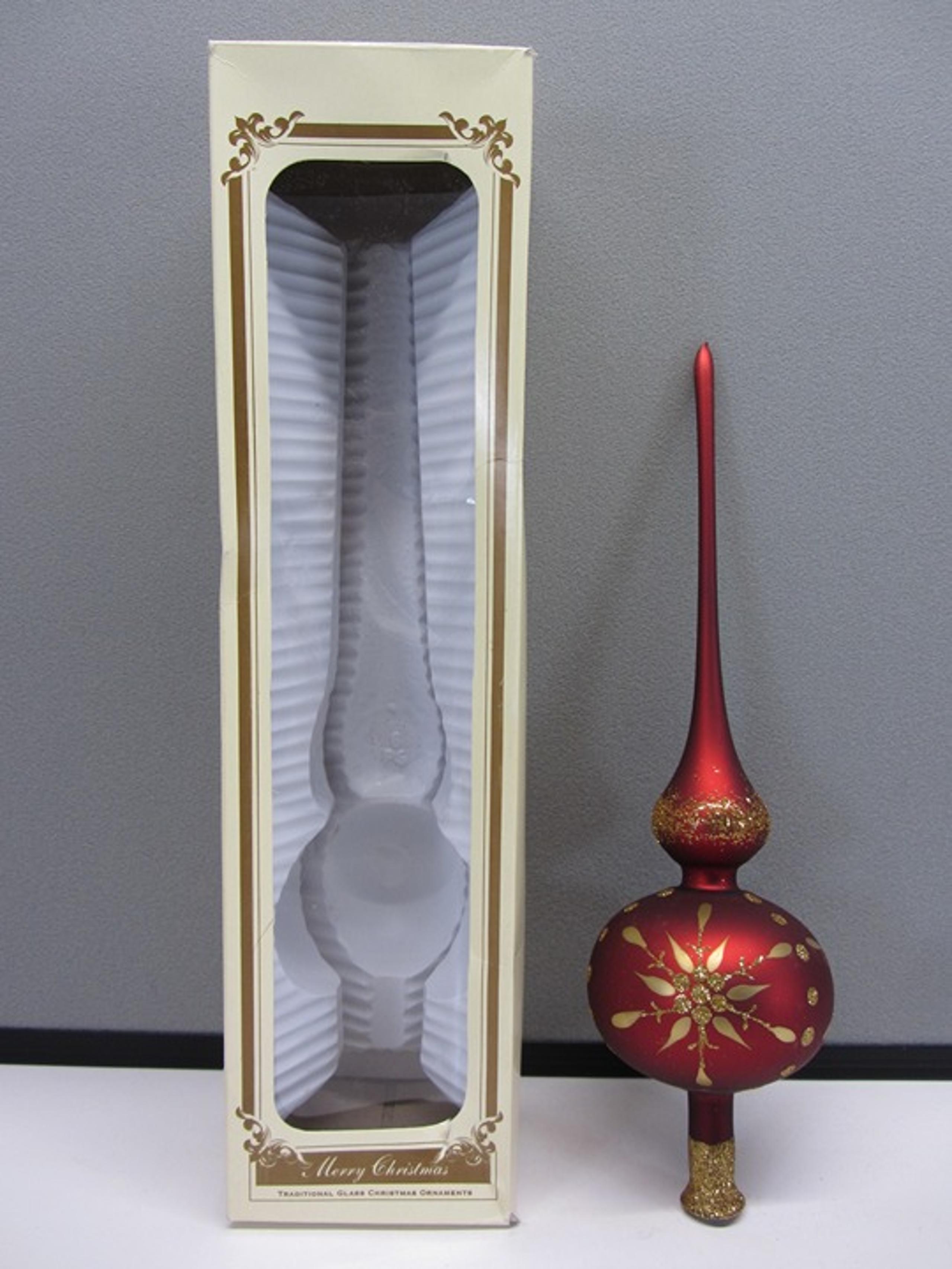Vintage Red Hand Blown & Painted Glass Tree Topper / Finial. 12.5" Tall Poland