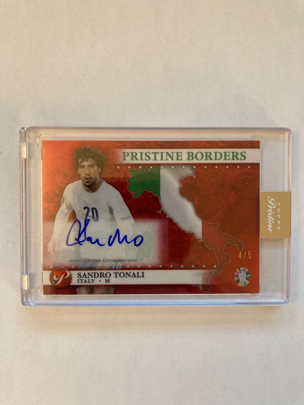 2023-24 Topps Pristine Road to Euro Sandro Tonali SP Red Refractor Auto 4/5