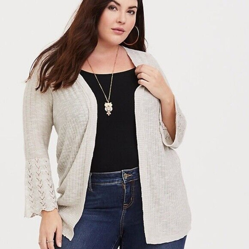 Torrid Women's Grey Bell Sleeve Pointelle Open Front Cardigan Sweater Size 4X