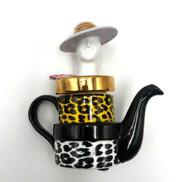 STUNNING Collectable MINIATURE Teapot | Leopard Print Hat Boxes, Fan, Vogue Lady