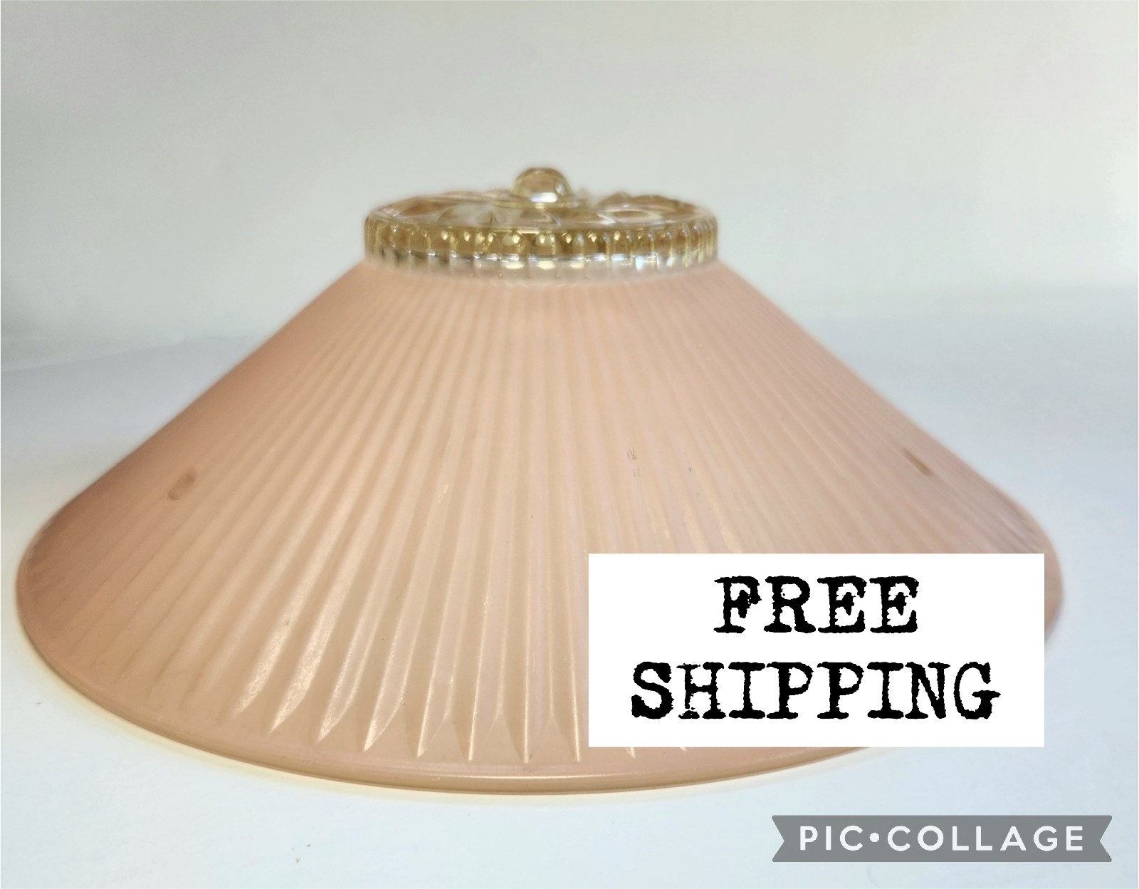 10" Art Deco Glass Ceiling Light Fixture Shade 3 Hole Ribbed Pink Cottagecore