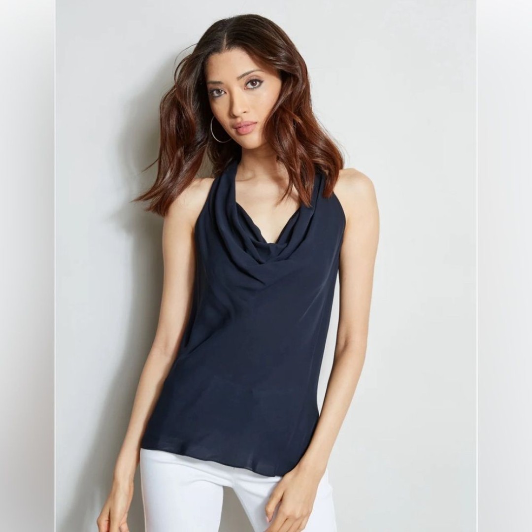 Elie Tahari Silk Cowl Neck Halter Tank Top Stargazer Navy Blue Medium New