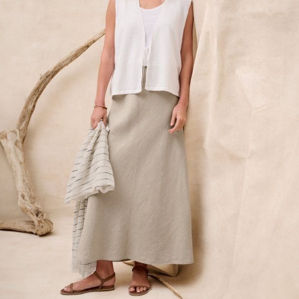 Vintage Bagatelle Linen A-Line High Waisted Midi Skirt in Oatmeal Tan Beige 14