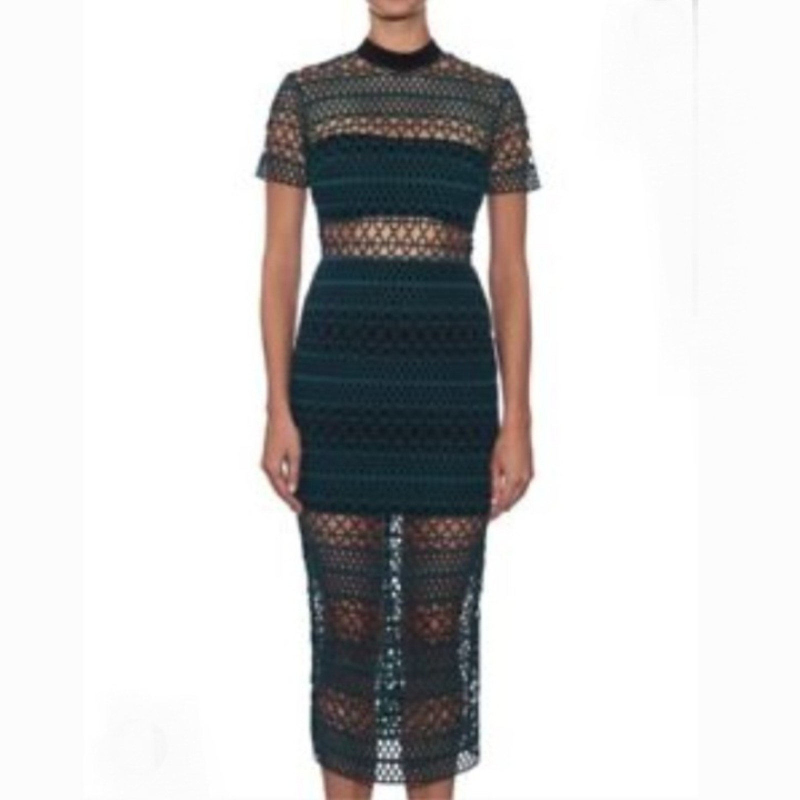 Karina Grimaldi Dark Green Crochet Lace Midi Dress Partially Lined