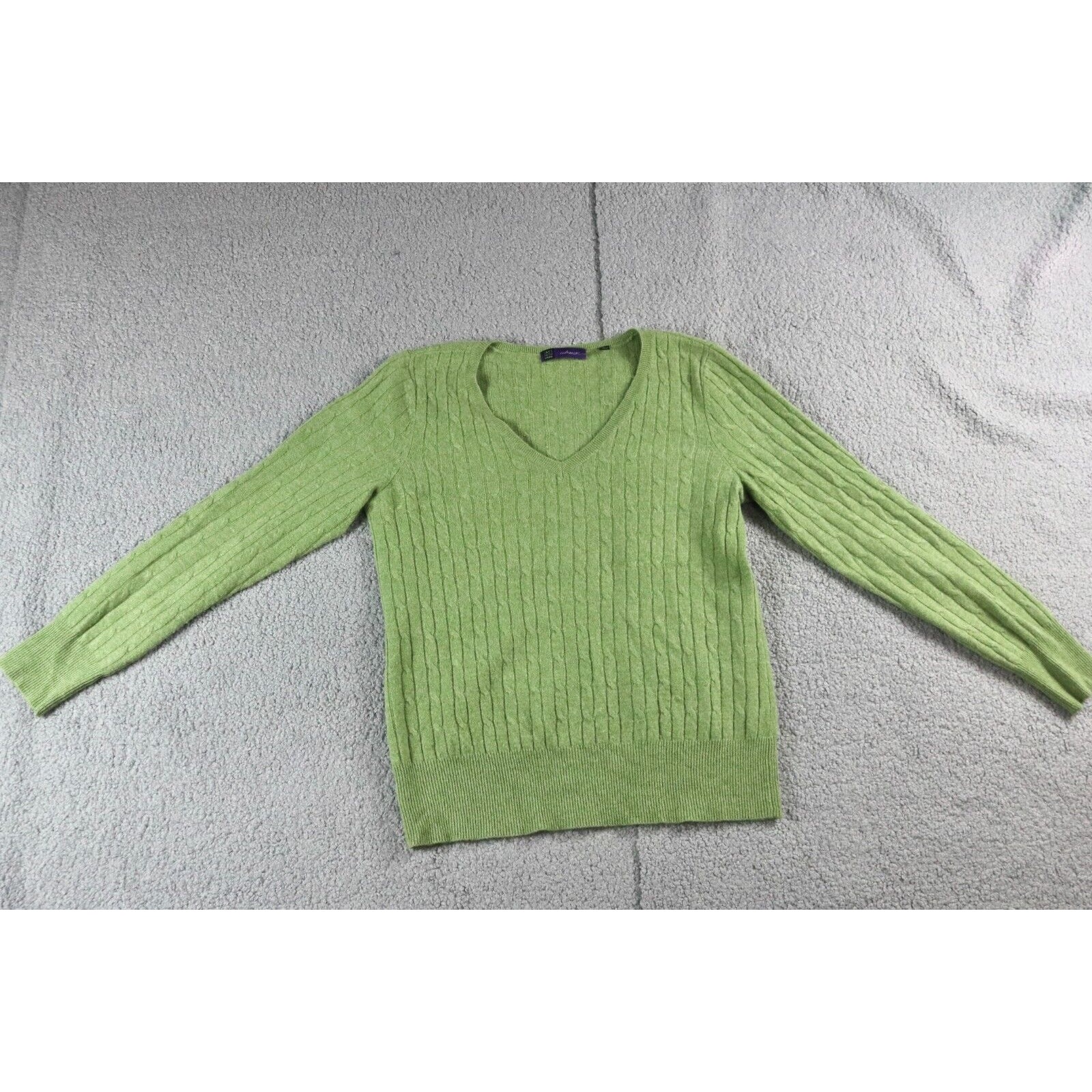 Saks Fifth Avenue Sweater Womens Large Green Cashmere V Neck Cable Knit Pullover