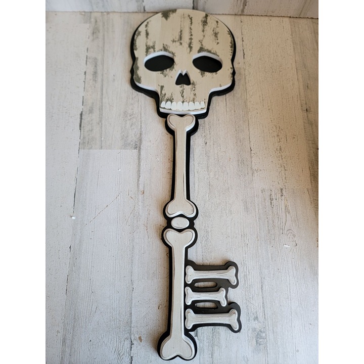 Large wooden skeleton key hanging Halloween home decor prop