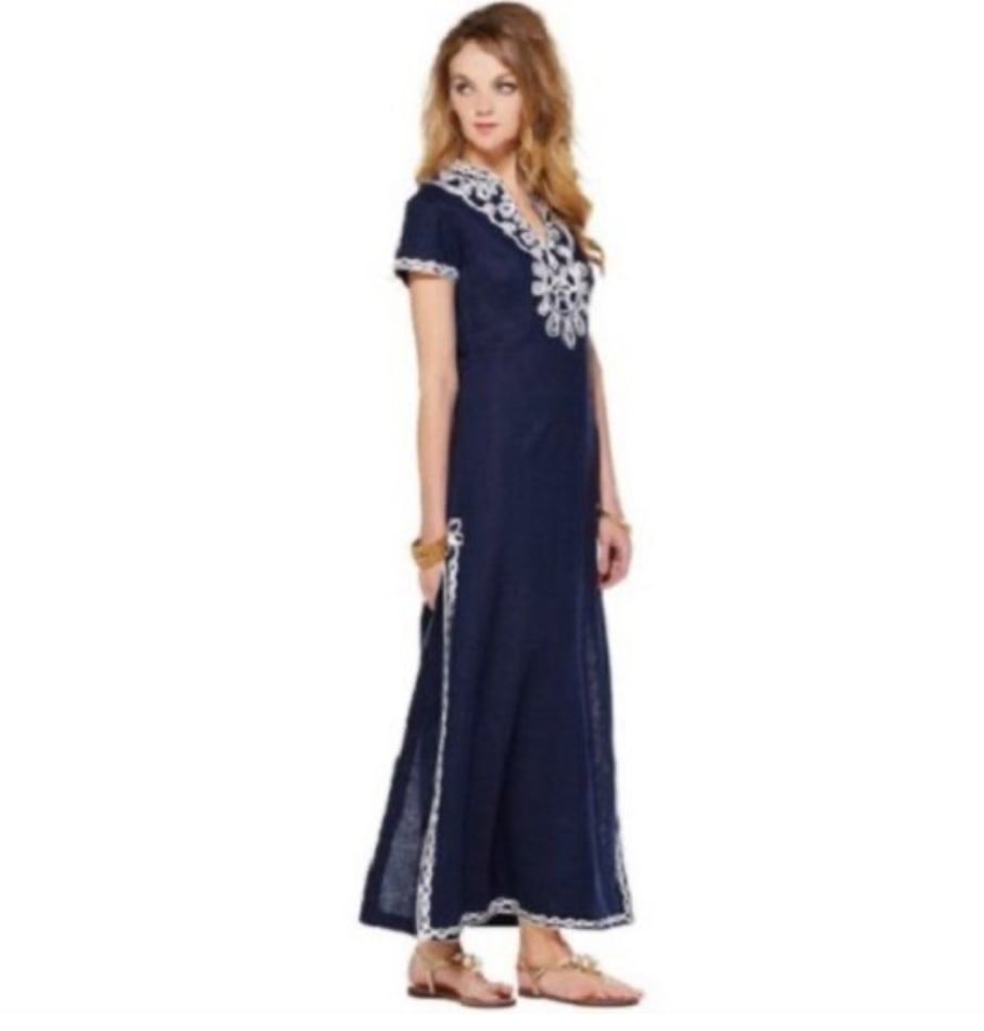 Lillly Pulitzer Navy kaftan Embroidered Maxi Dress XS