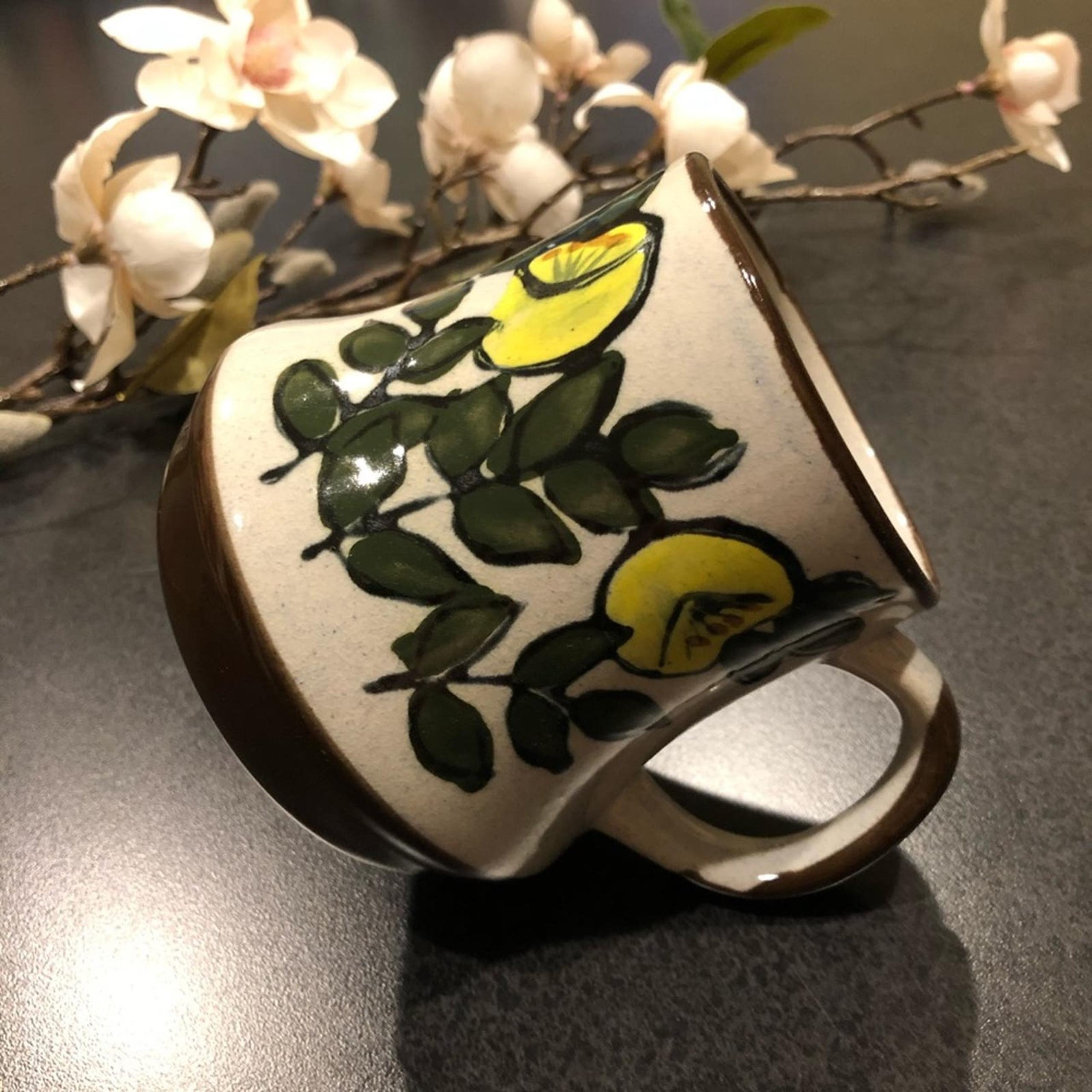 Vintage Floral Hand Painted Flower Ceramic Pottery Mug Cottage Boho Coffee Tea