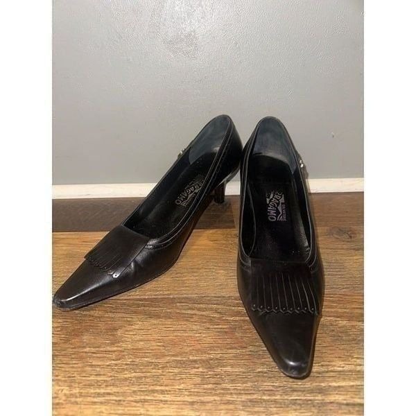 Salvatore Ferragamo Vintage Black Leather Fringe Oxford Pumps Heels Size 10B