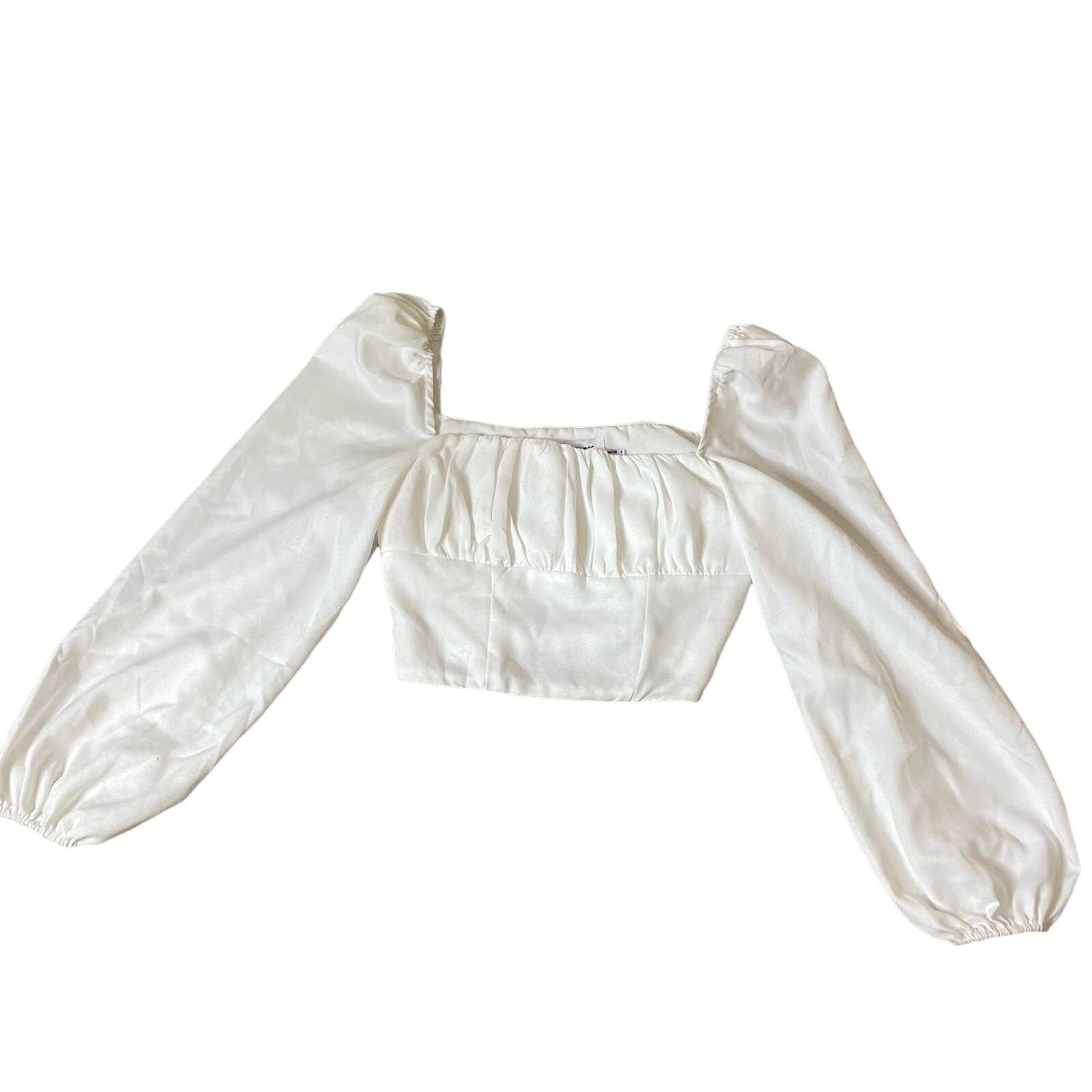Princess Polly Women's Ariah White Long Sleeve Blouse Puff Sleeve cropped SZ 0