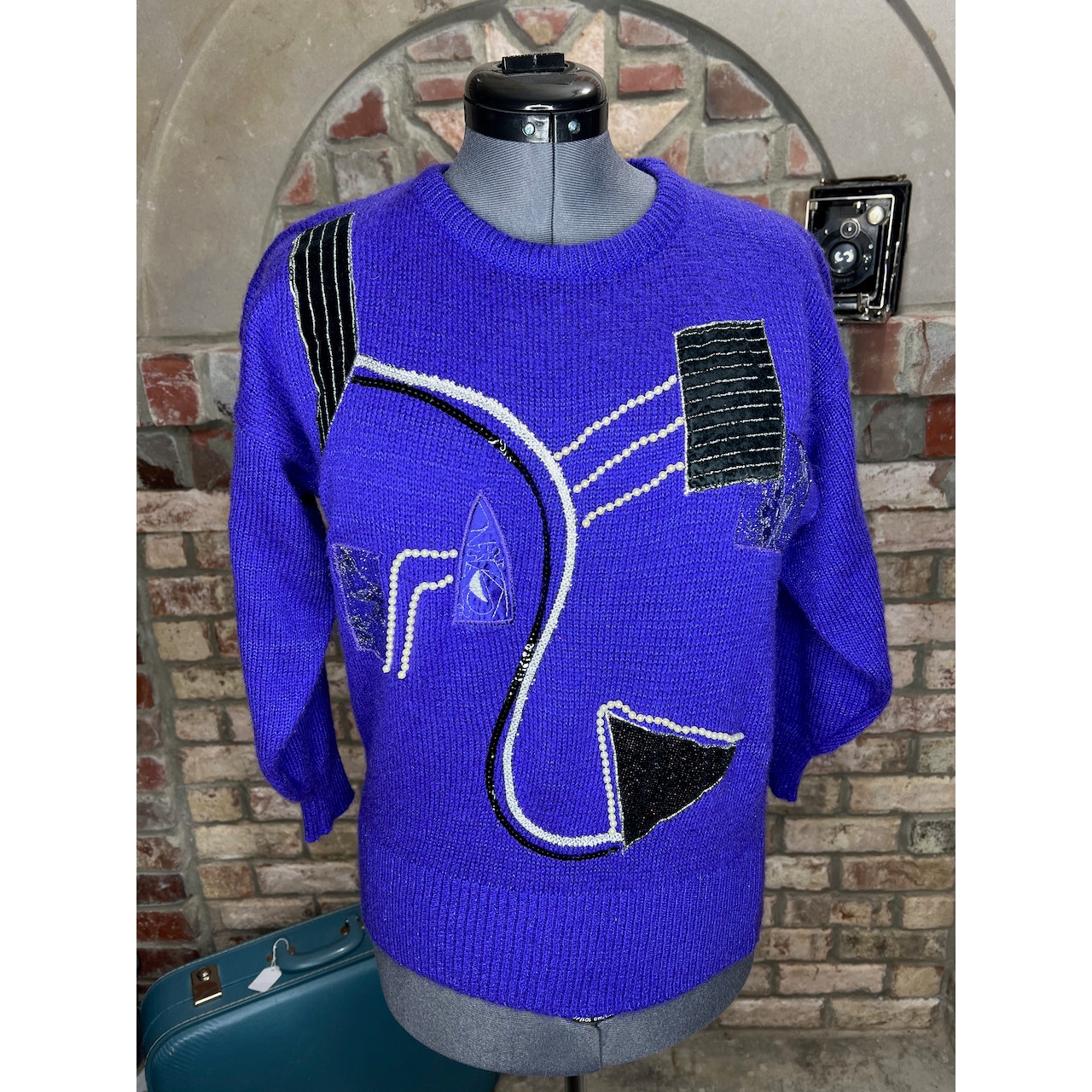 sweater vintage 1980s geometric beads purple black cream