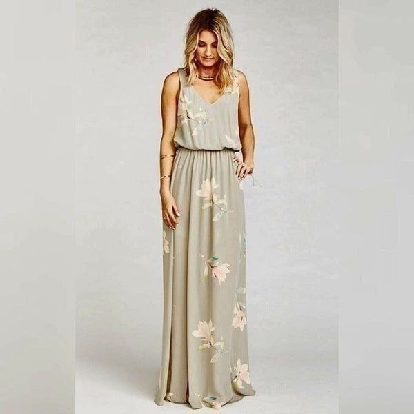 Show Me Your Mumu - XS -Kendall Maxi Dress V Neck Slit Blouson Lily Showers Gray
