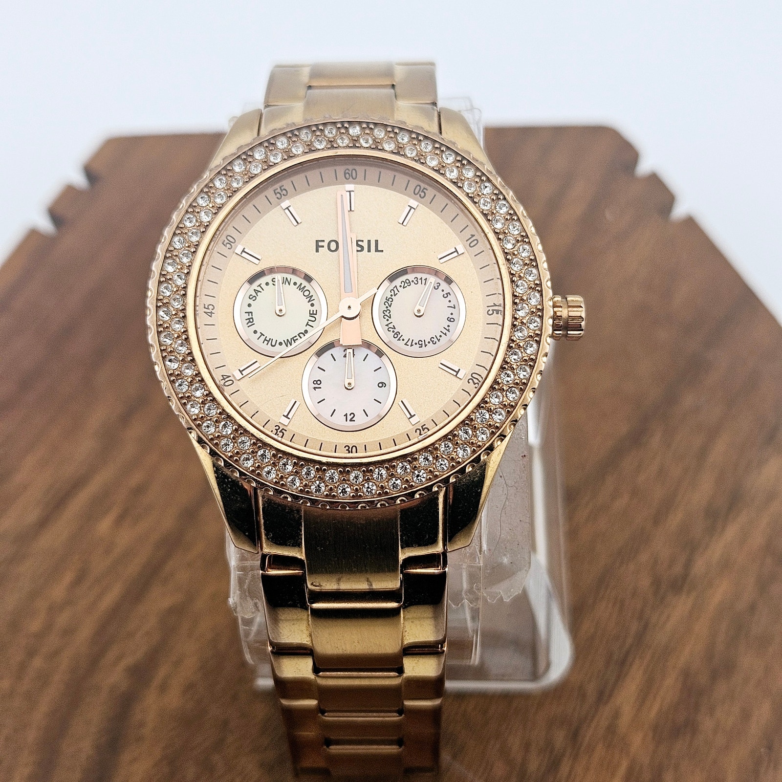 Fossil Stella Womens Double Crystal Halo Glam Watch Multi Dial Chunky Rose Gold