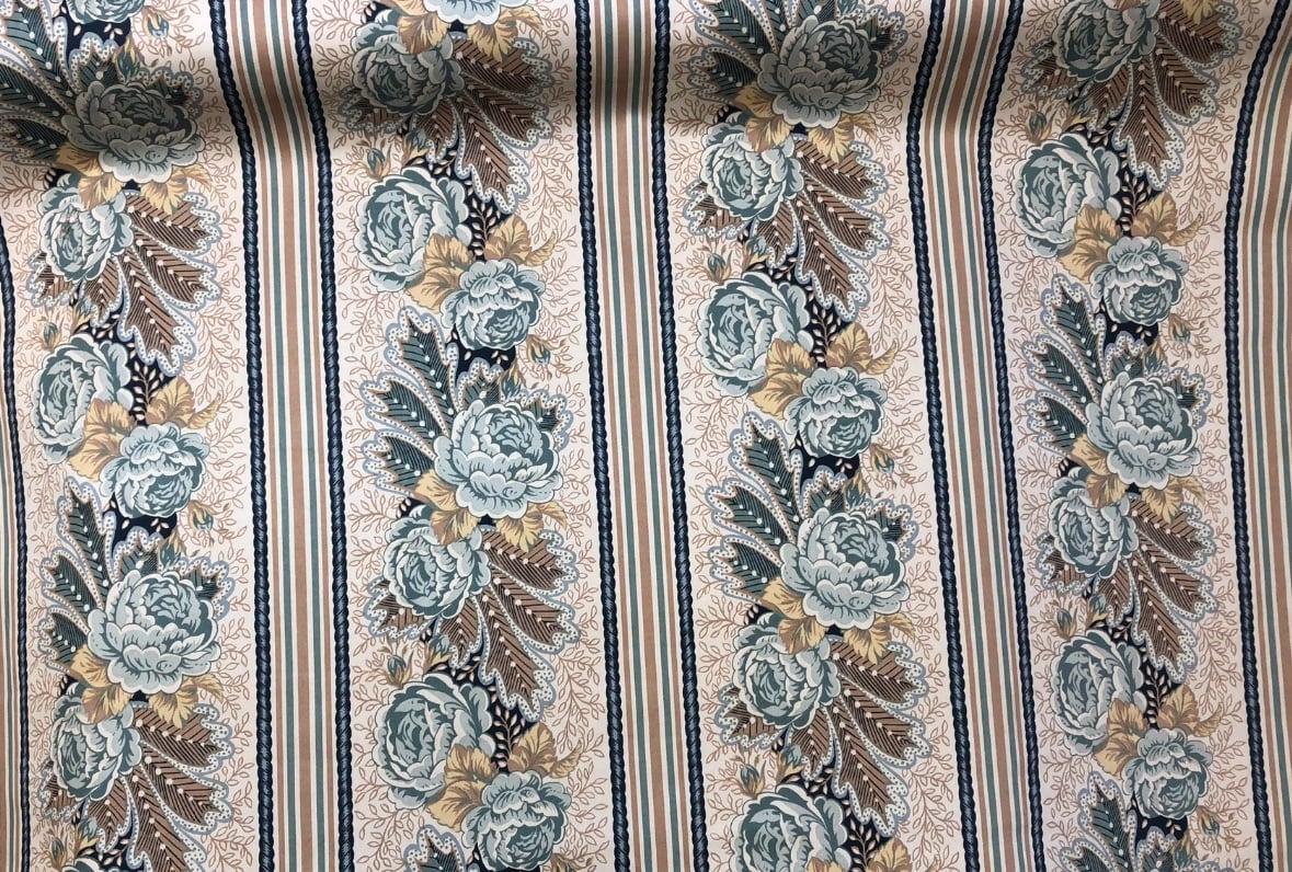 7.75 YDS Vintage Bedford Floral Stripe in Stunning Blues and Tans