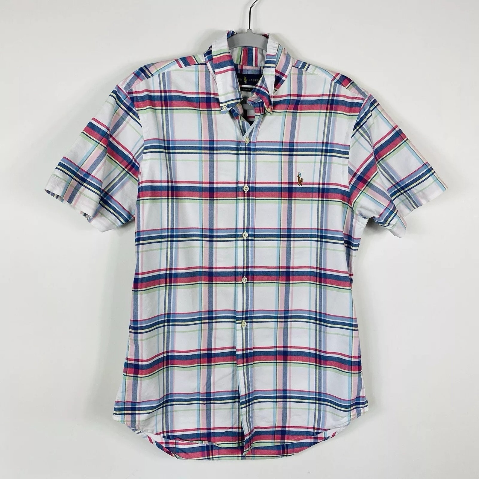 Ralph Lauren Size Medium Plaid Slim Fit Short Sleeve Button Shirt 100% Cotton