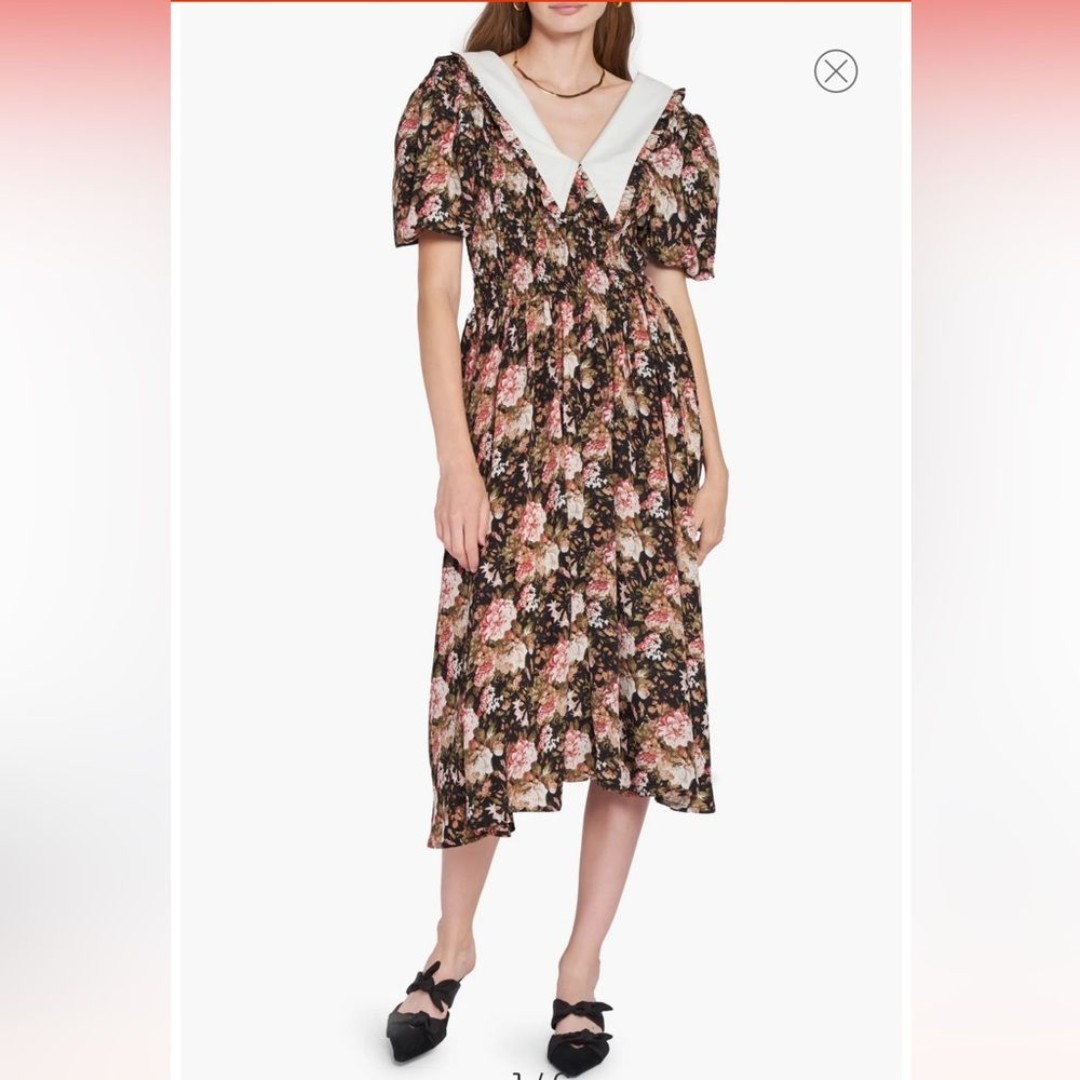 En Saison Kiko Midi Floral Print Retro V-Neck Short Sleeves Dress M NWT