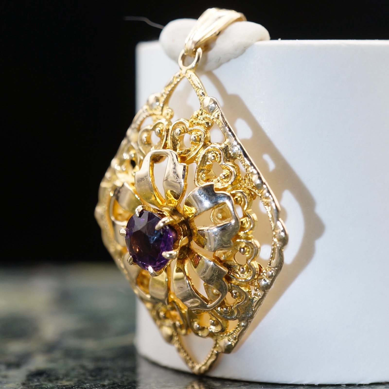 c.1930 ESEMCO Art Nouveau Amethyst Pendant Lavelier 10k Yellow Gold Filigree
