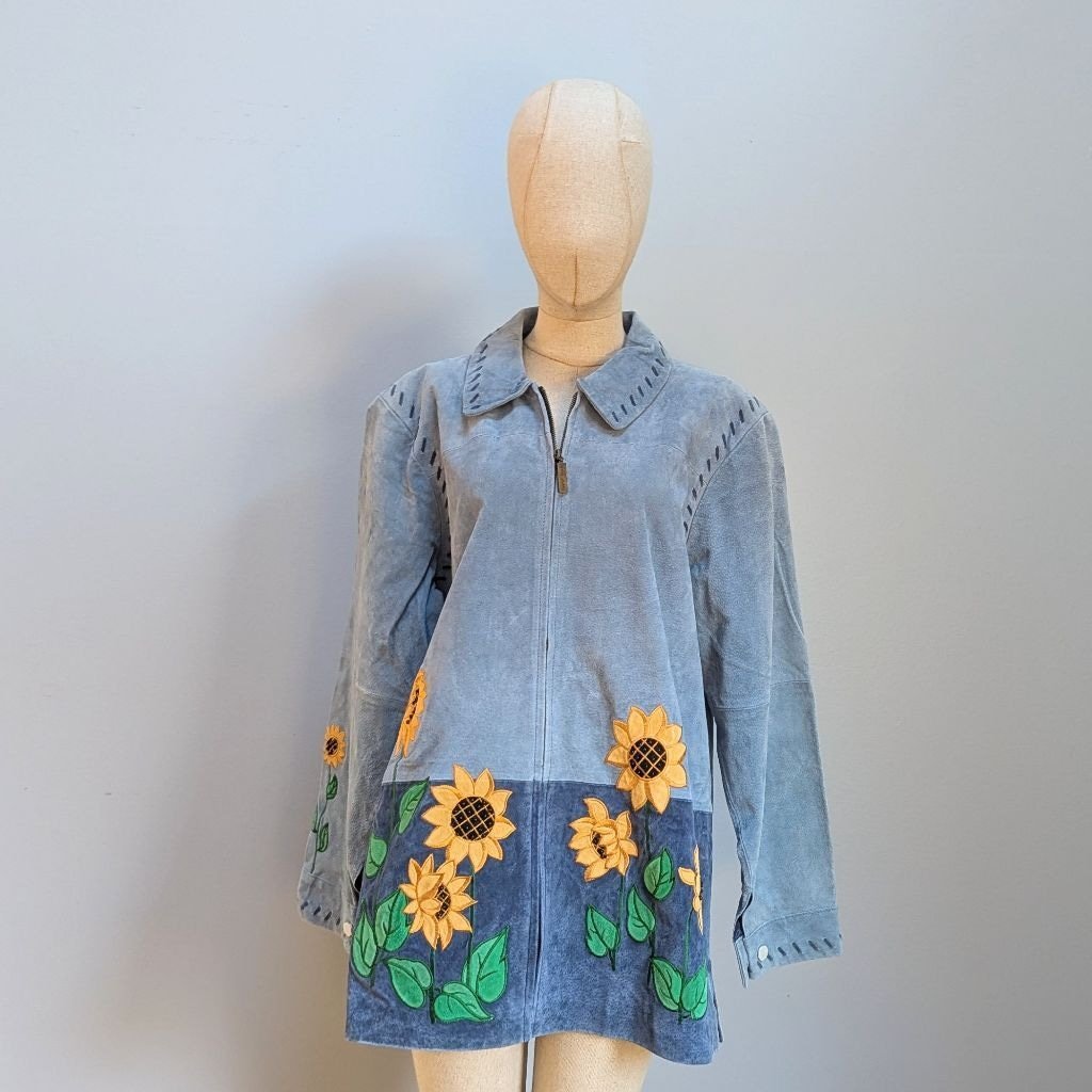 The Quacker Factory Blue Suede Sunflower Patchwork Jacket - XL - New Deadstock