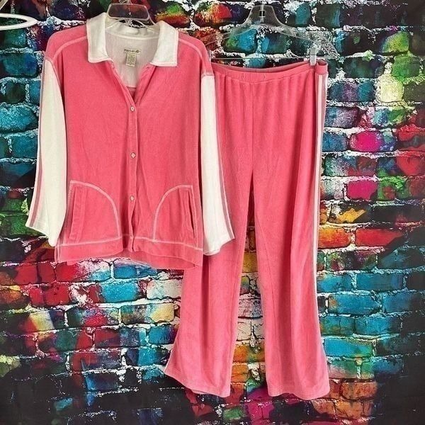 Vintage Mureli Barbie Pink Terry Cloth Track Suit Top Pants XL Pearl Snap