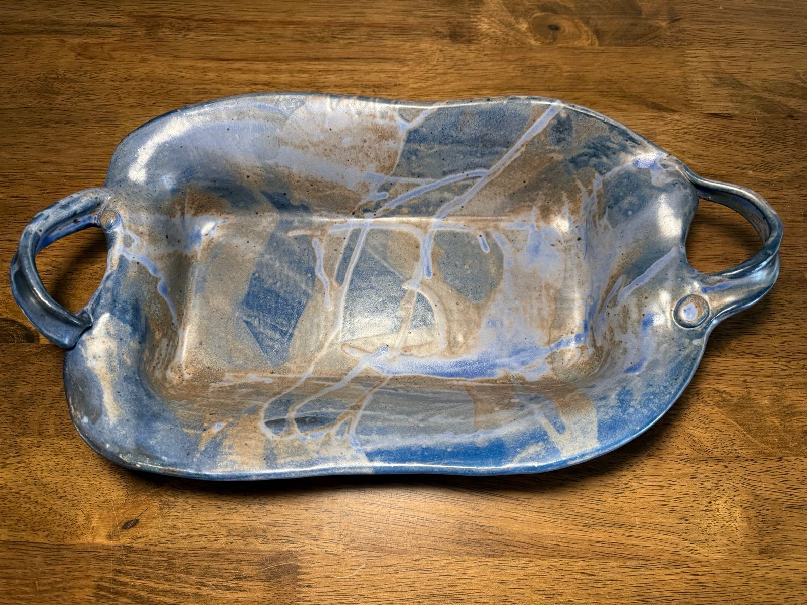 Brutalist handmade pottery baking dish casserole lasagna pan blue beige signed
