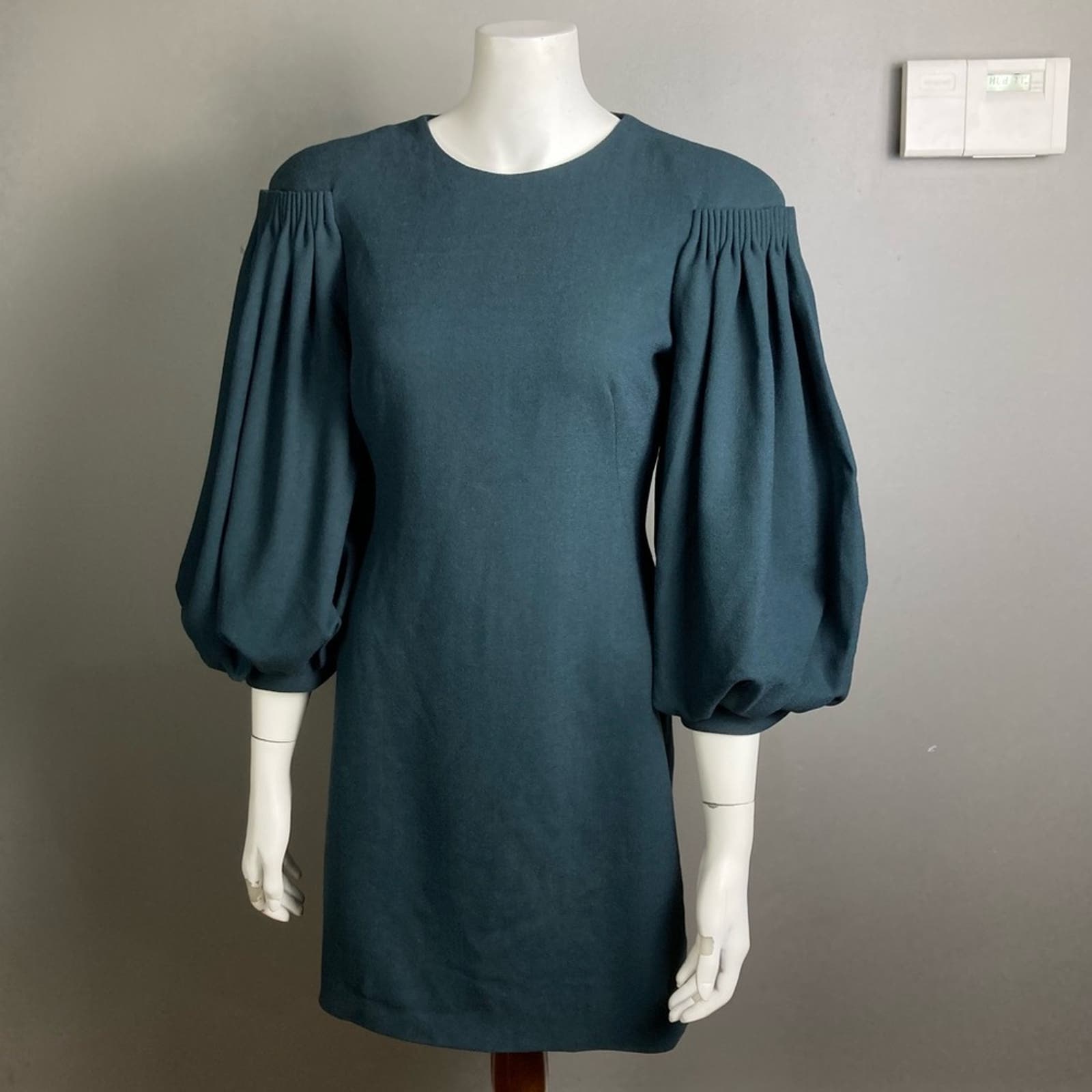 Alexander McQueen dress green teal puff sleeve slight shoulder pads IT 42 / US 6