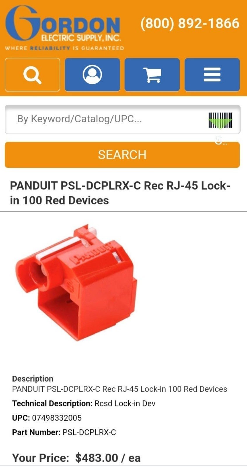 NIB - PANDUIT #PSL-DCPLRX-BL  Plug Lock-in Device, Polycarbonate, Black
