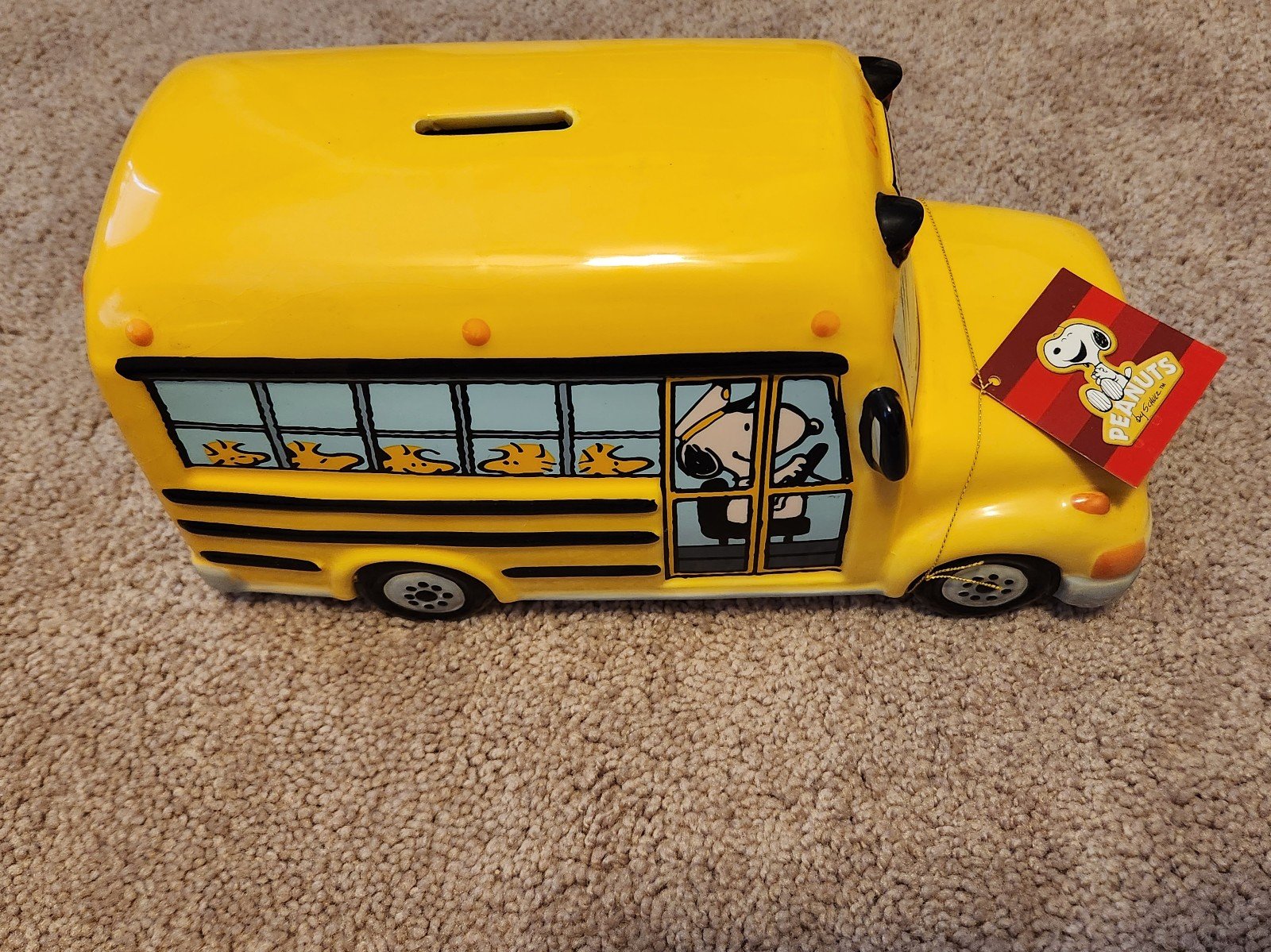 Peanuts Snoopy and Woodstock School Bus Ceramic Coin Bank