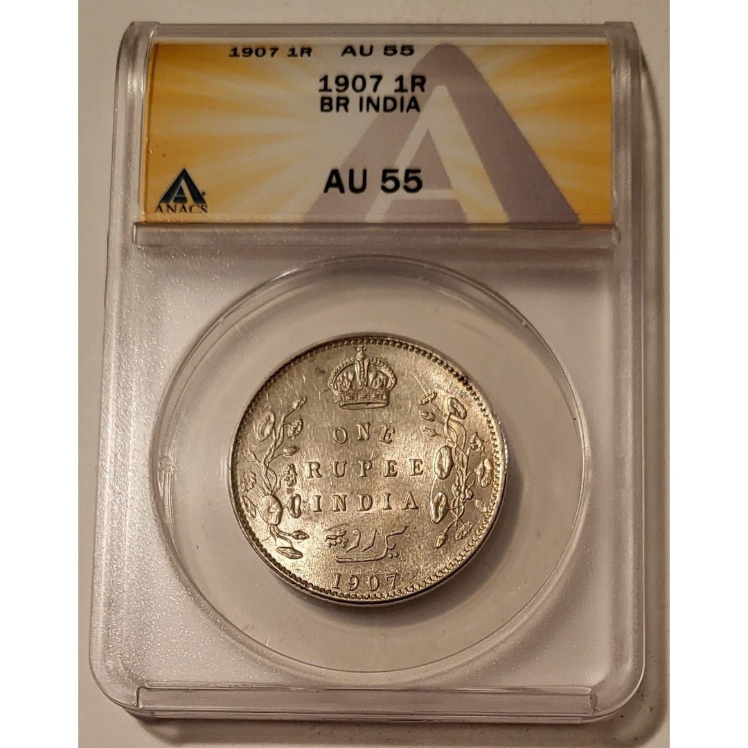 India -British- Edward VII 1907 Silver Rupee AU55 ANACS