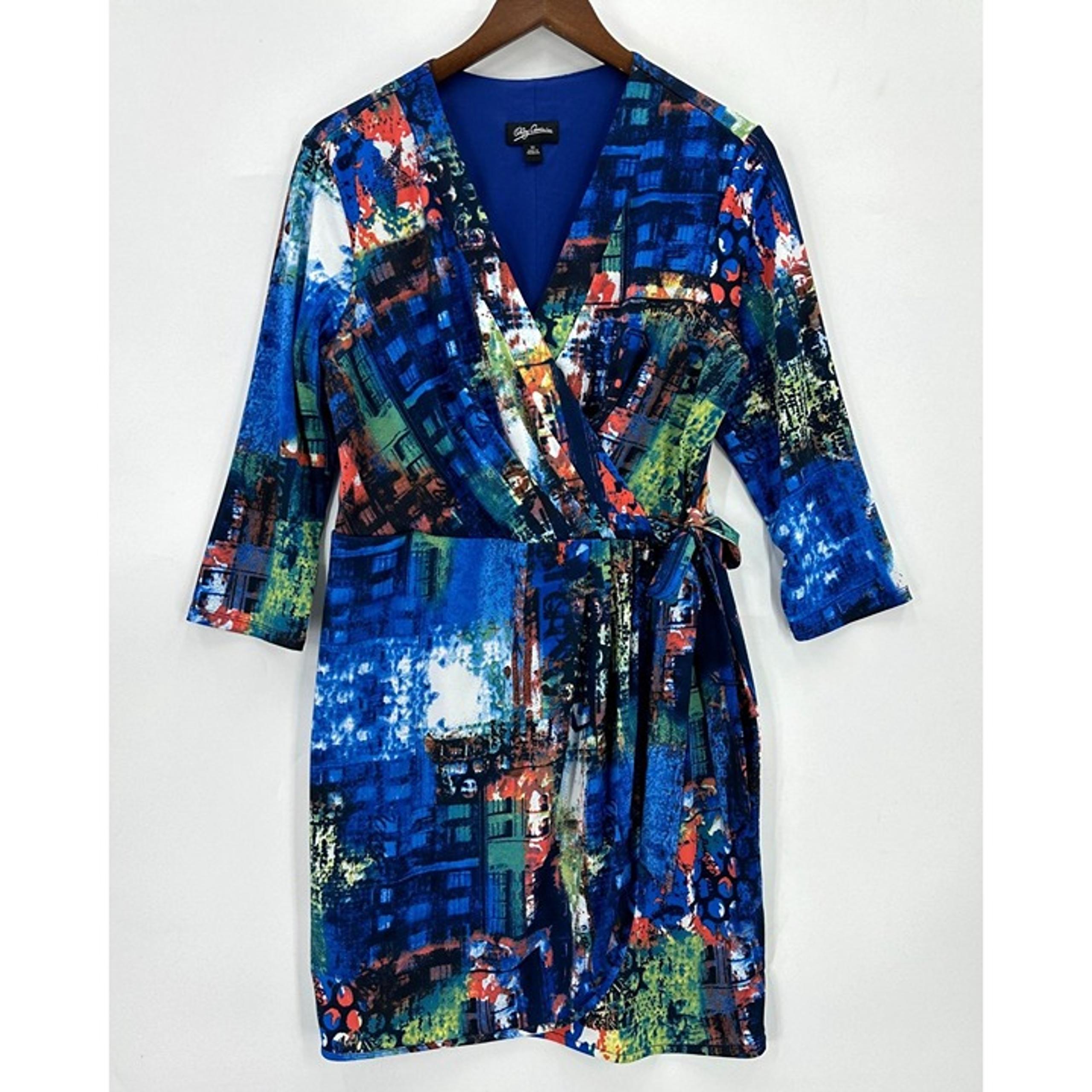 Oleg Cassini Dress Womens 3/4 Sleeve Faux Wrap Abstract V-Neck Multicolor 12
