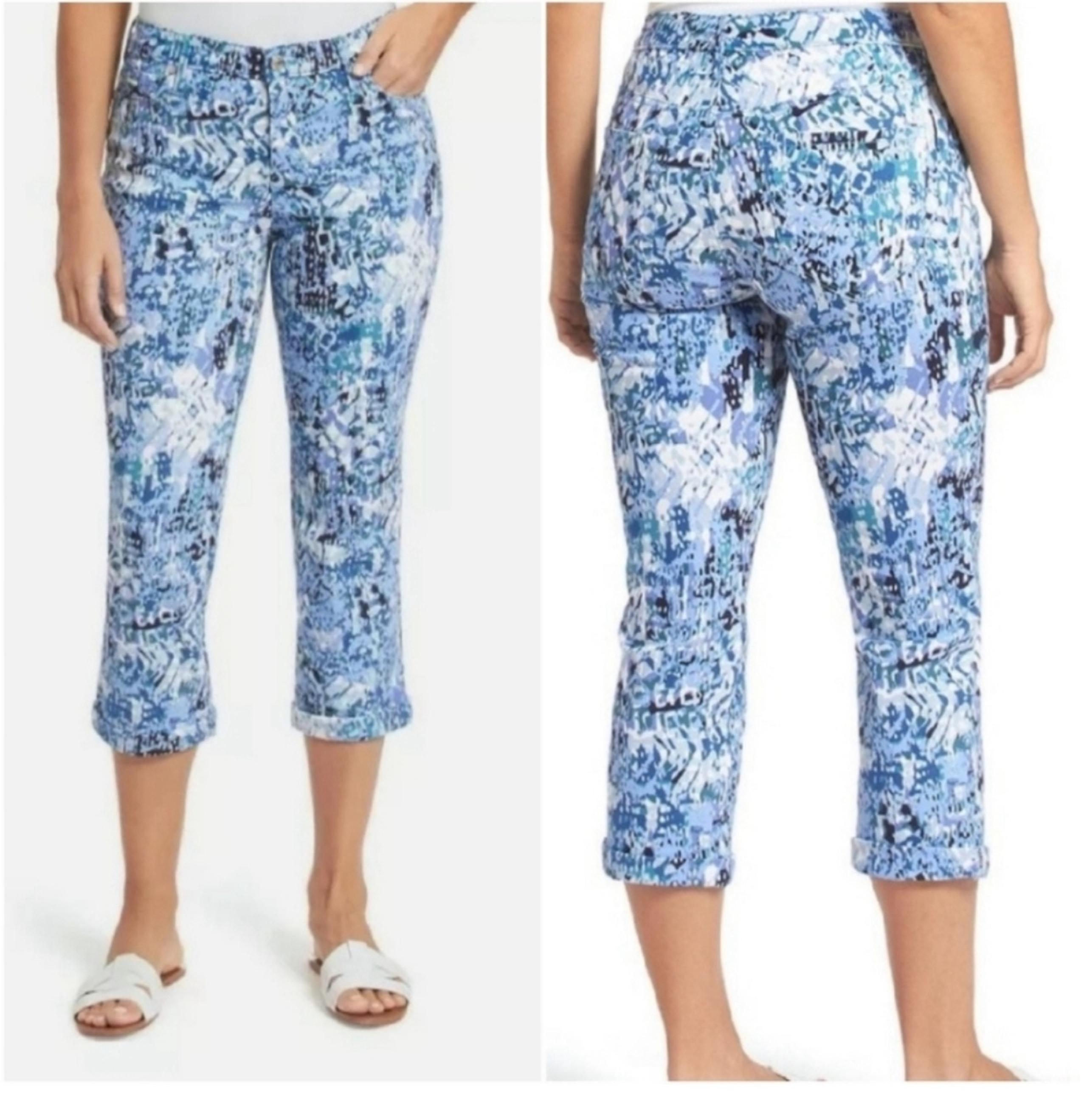 New Nine West Chrystie Capri Pants Women 6 Blue Multi Soft Twill Stretch Cuffed
