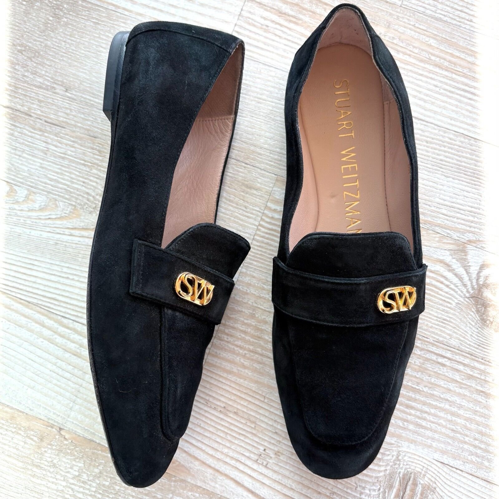 Stuart Weitzman Payson Suede Gold Logo Loafer | Black Size 7