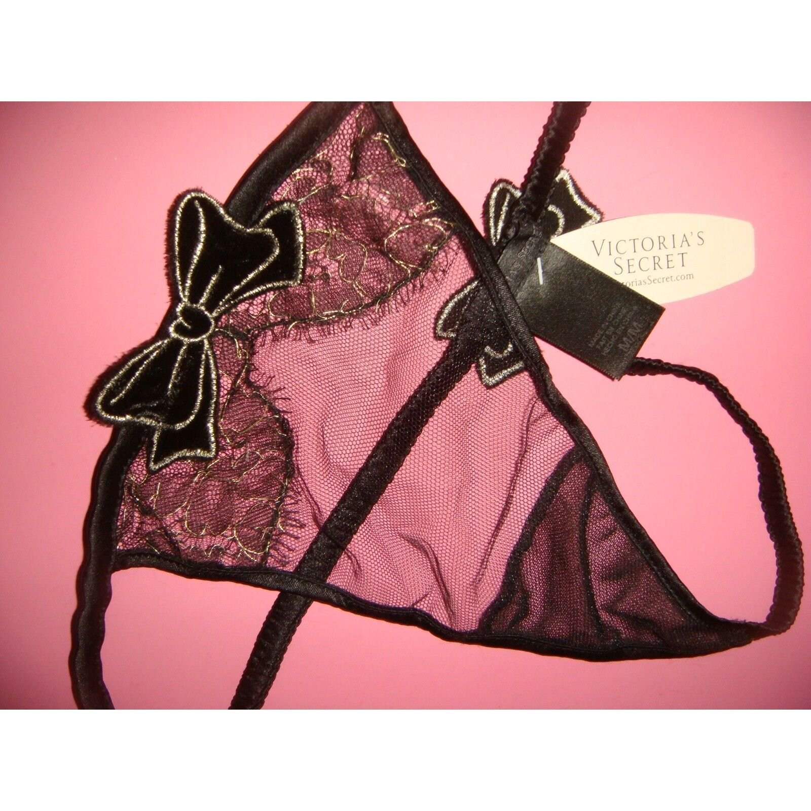 NWT Victoria's Secret Designer Collection L thong Black Gold lace Christmas BOW