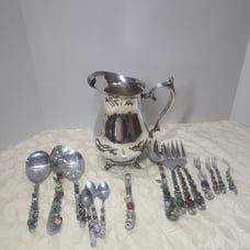 Vintage Silver Plate Footed Water Pitcher w Ice Lip + Vtg Serving Utensils