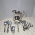 Vintage Silver Plate Footed Water Pitcher w Ice Lip + Vtg Serving Utensils