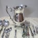 Vintage Silver Plate Footed Water Pitcher w Ice Lip + Vtg Serving Utensils