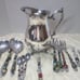 Vintage Silver Plate Footed Water Pitcher w Ice Lip + Vtg Serving Utensils