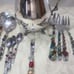 Vintage Silver Plate Footed Water Pitcher w Ice Lip + Vtg Serving Utensils