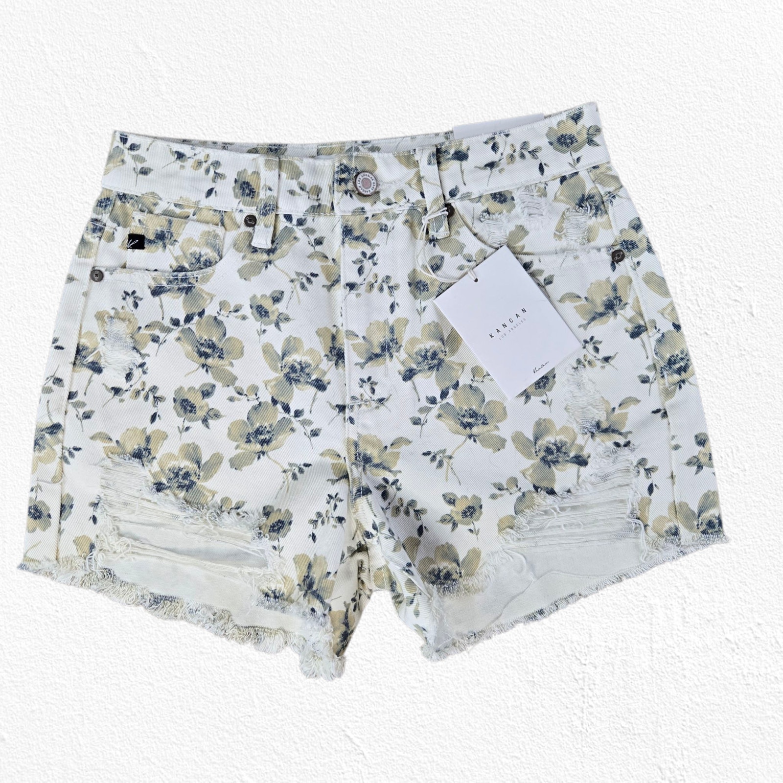 KanCan White Floral High Rise Distressed Cottage Cut Off Denim Shorts Size Small