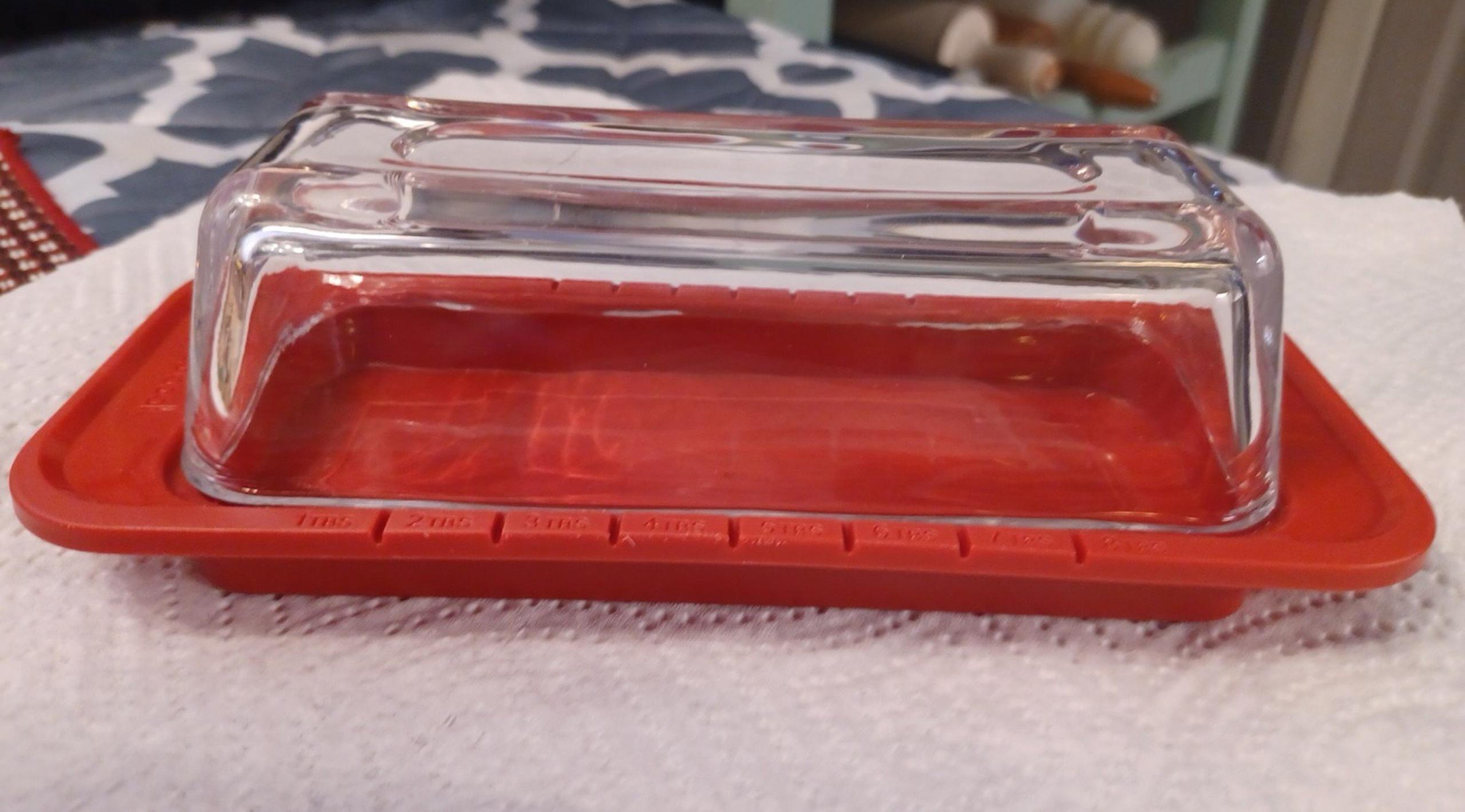 Good Cook Butter Dish Clear Glass Lid Red Plastic Base Measurements On Side 7.5"