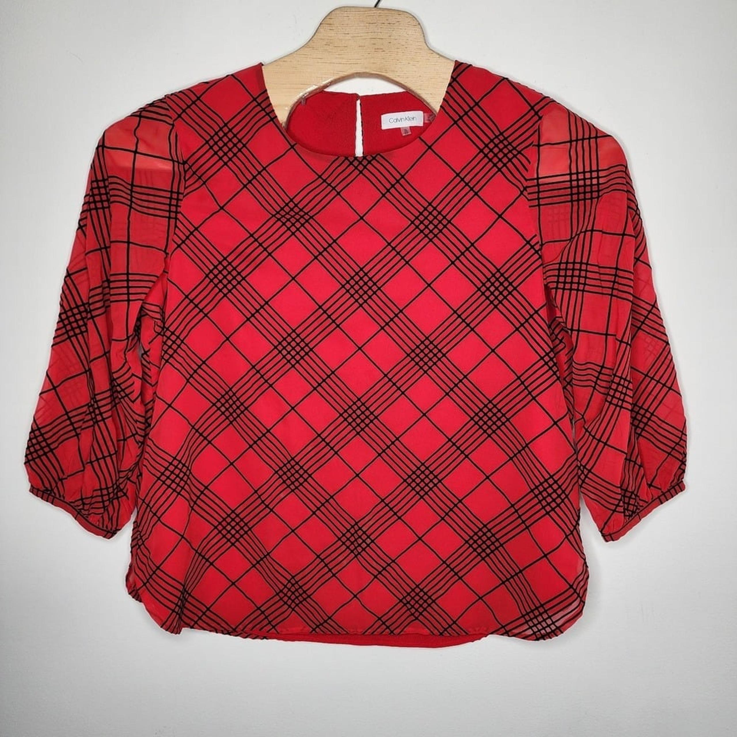 Calvin Klein Red Black Polyester Lined Blouse Top Women's Size XL Textured