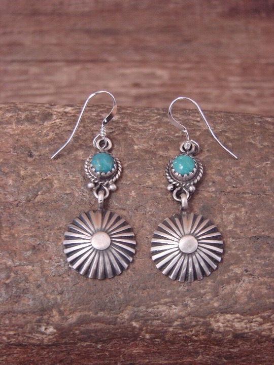 Navajo Indian Hand Stamped Genuine Sterling Silver & Turquoise Dangle Earrings